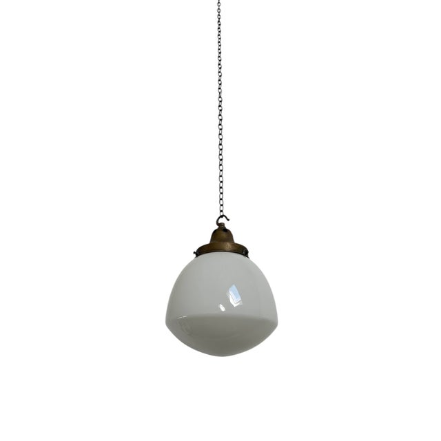 Vintage English Church Opaline Milk Glass and Brass Pendant, 1930s For Sale - Image 3 of 4