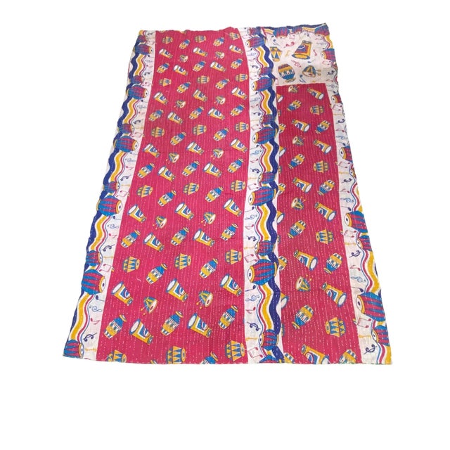 This 87" by 55" W Vintage Throw Kantha Quilt is crafted from 100% Old Cotton Recycled Fabric with two layers of sarees...
