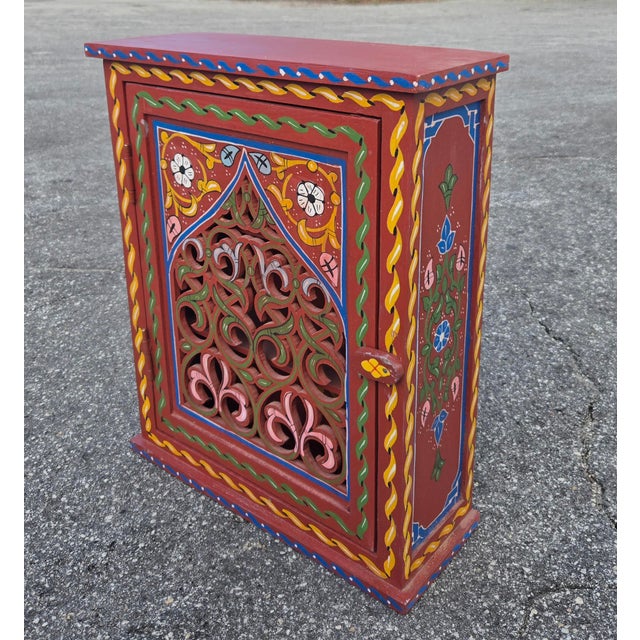 Moroccan Hand Painted Mediterranean Medicine Cabinet / Wall Shelf / Brick Red Zouak For Sale - Image 3 of 6