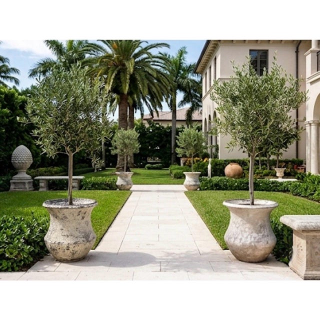 Off-white Pair of Vintage Faux-Stone Chipped Resin Garden Planters For Sale - Image 8 of 12