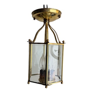 Hexagonal Beveled Glass Brass Lantern, Flush Mount For Sale