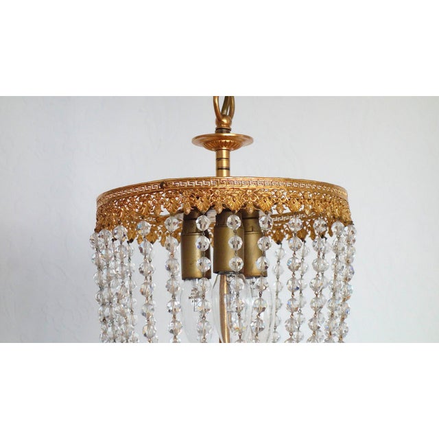 Gold Brass Lead Crystal Pearl Three Lights Chandelier, 1960s For Sale - Image 8 of 11