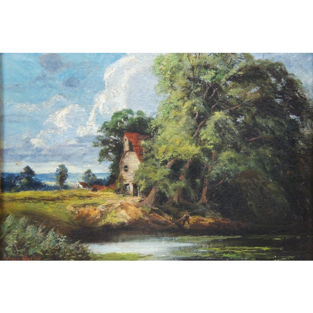Mid 19th Century Antique European Fisherman River Cottage Oil Landscape on Canvas by Charles Martin For Sale - Image 5 of 13