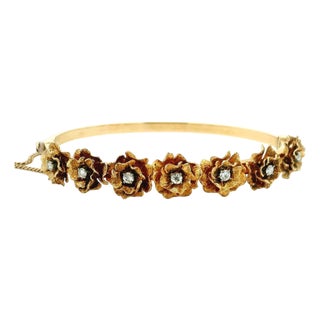 Antique English Victorian Diamond Wild Rose Floral Bangle Bracelet in 15k Gold For Sale
