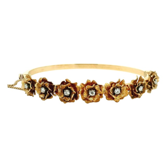 Antique English Victorian Diamond Wild Rose Floral Bangle Bracelet in 15k Gold For Sale