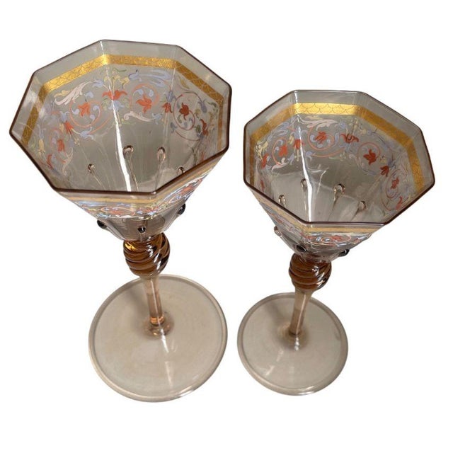 Early 20th Century Set for Ten Venetian Gilt-Heightened Enamel Glasses W Plates & Bowls. E. 20th C. For Sale - Image 5 of 17