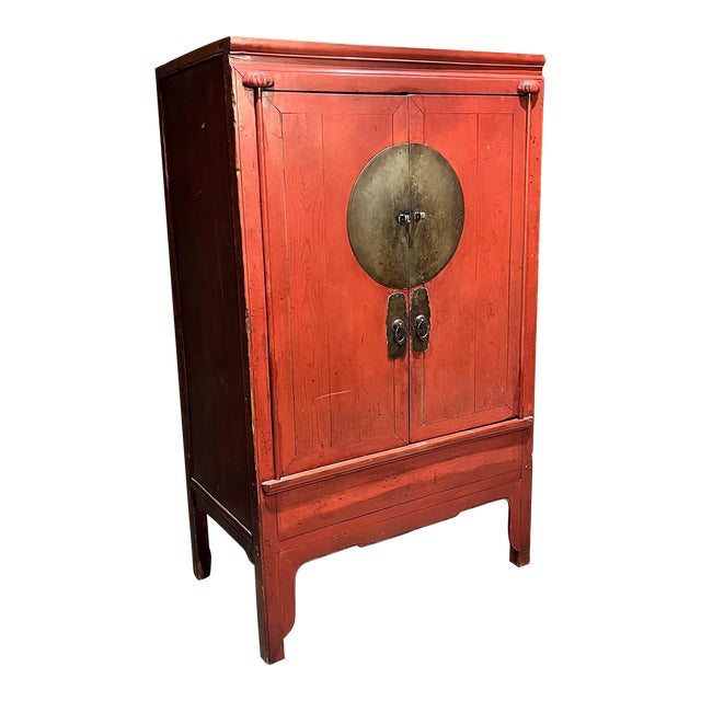 19th Century Elegant Antique Red Chinese Cabinet Wedding Chest For Sale