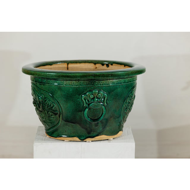 Large Chinese Green Glazed Planter with Dragon Relief and Decorative Motifs For Sale - Image 9 of 18