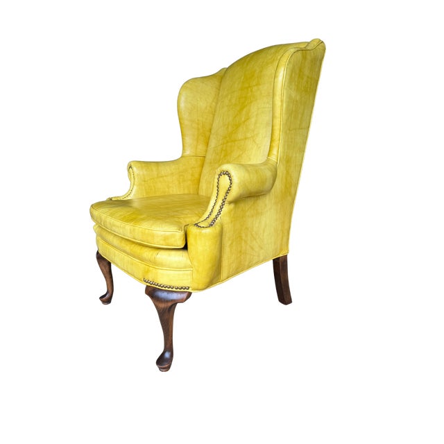 Wood Vintage Shuford Furniture Yellow Leatherette Wingback Armchair | Queen Anne Style Faux Leather Accent Chair | Traditional Hollywood Regency For Sale - Image 7 of 14
