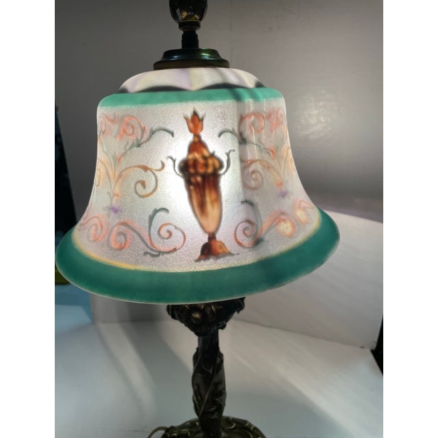 1930s Art Deco Signed Pairpoint Reverse Painted Lamp W/Bronze Base For Sale - Image 11 of 12