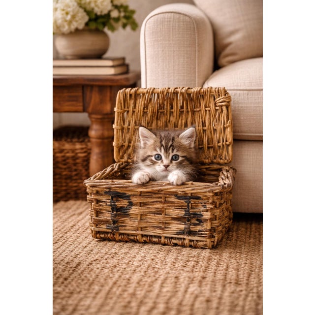 Early 20th century English wicker hamper with hand woven construction and attached lid, featuring painted initials "PB"...