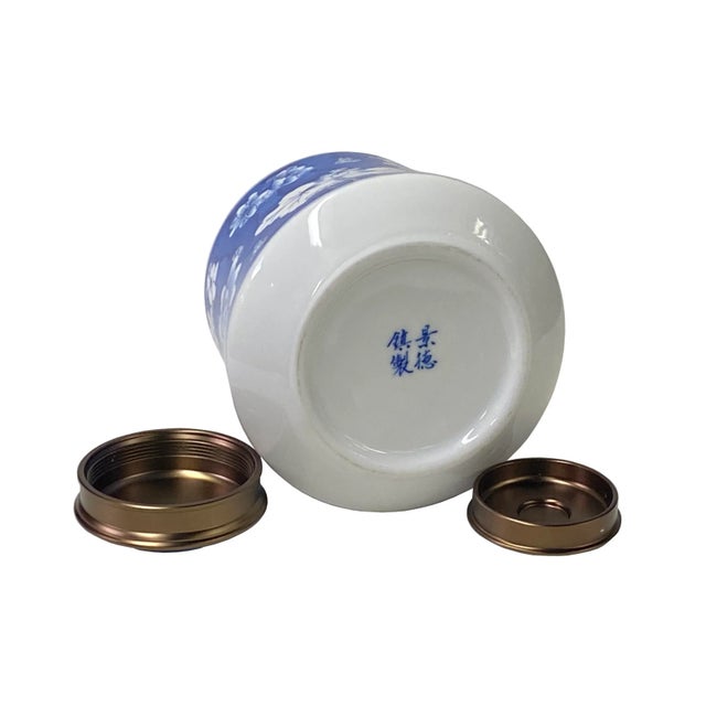 Chinoiserie Oriental Handmade Blue White Porcelain Metal Lid Container Urn For Sale - Image 3 of 5