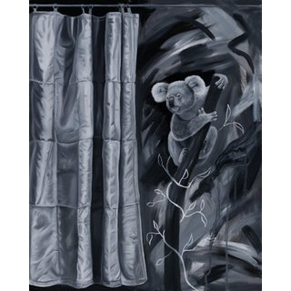 Behind the Curtain by Robin Hextrum | Oil on Panel Koala behind a curtain in a dark setting For Sale