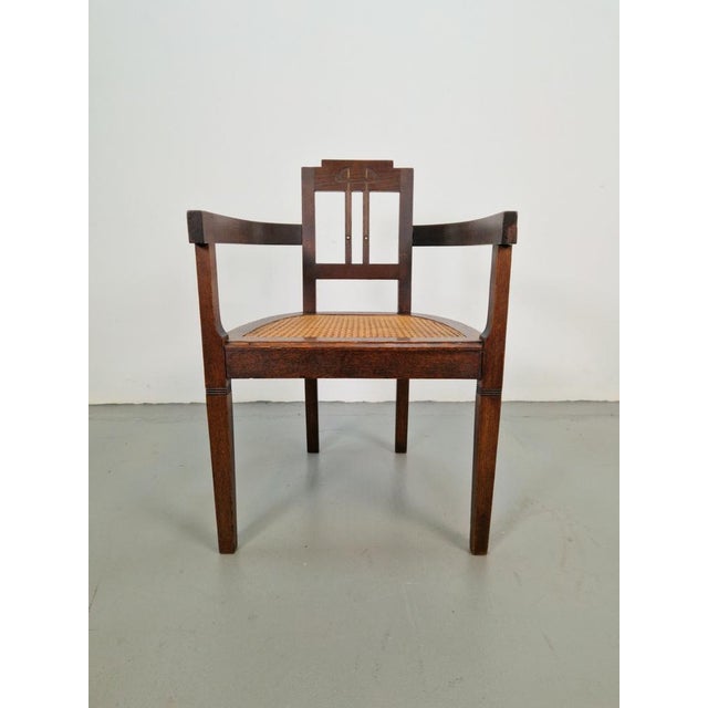 Art Nouveau Deco Armchair in Rattan Webbing, Oak and Copper, 1920s For Sale - Image 9 of 9