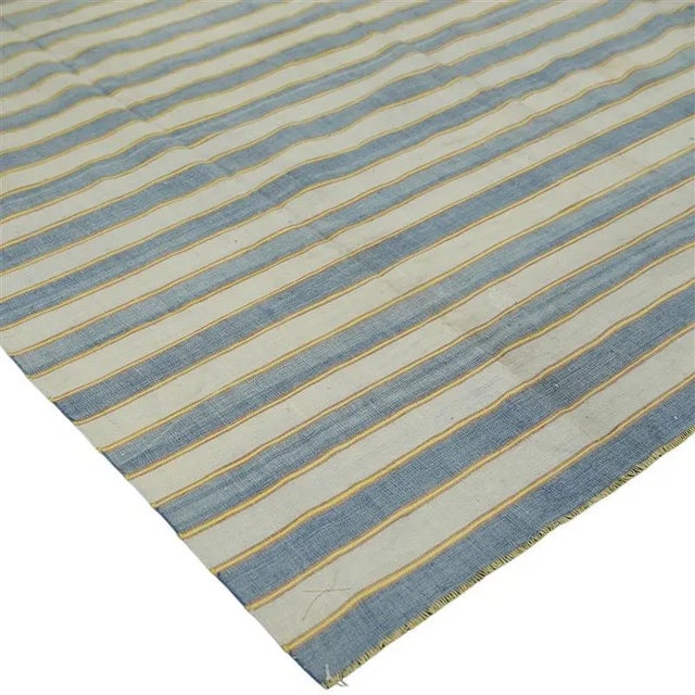 Traditional Vintage Dhurrie Rug in Blue Stripes With Gold and Pink Accents | Rug & Kilim For Sale - Image 3 of 5