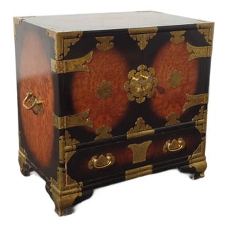 Vintage Asian Korean Tansu Style Burl Cabinet Side Table W Brass Hardware For Sale