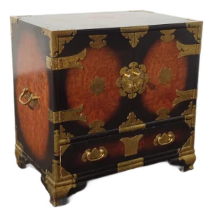 Vintage Asian Korean Tansu Style Burl Cabinet Side Table W Brass Hardware