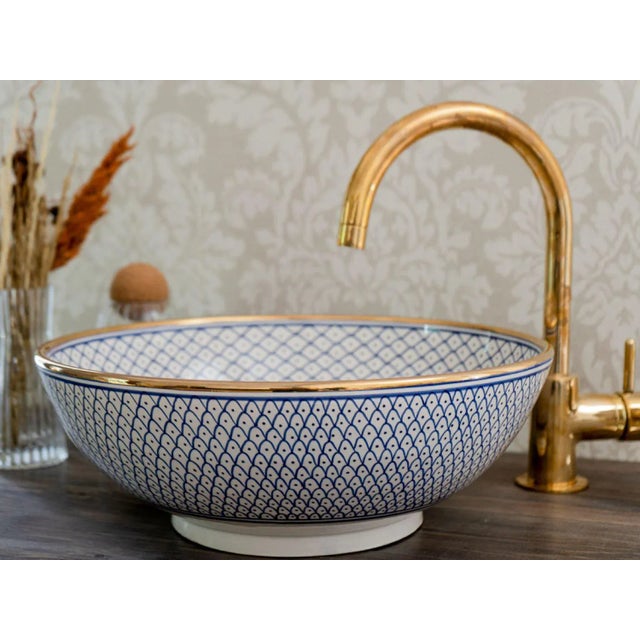 Contemporary Ceramic 14k Gold Rim Handmade Top Bathroom Sink, Blue For Sale - Image 3 of 5