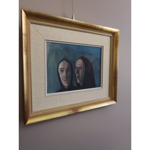 1960s Mid-Century Modern Swedish "Whispers" Vintage Figurative Portrait Mixed Media Painting, Framed For Sale - Image 5 of 13
