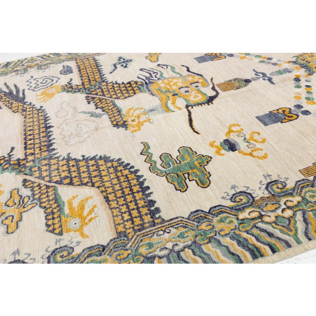 9x12 Hand-Knotted Modern Chinoiserie Wool Rug – Dragon & Cloud Motif in Cream For Sale - Image 9 of 11