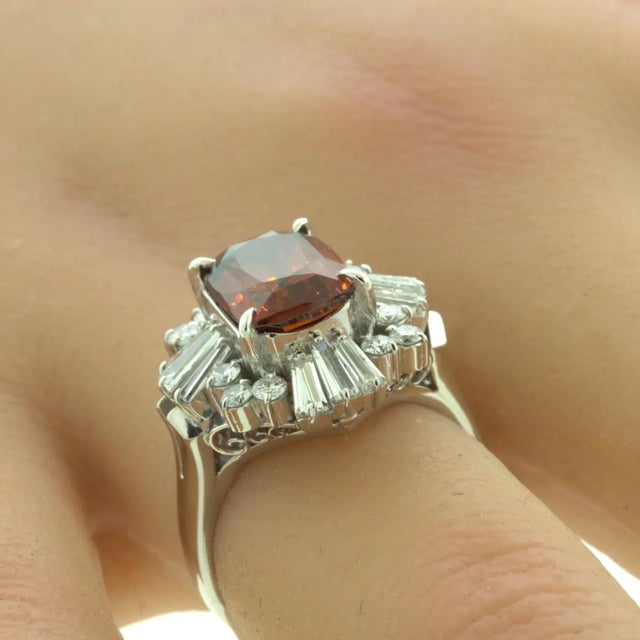 Orange Zircon Diamond Platinum Ring, Size 6.5 For Sale - Image 10 of 11