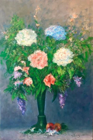 William Schultz, American Impressionist Floral Oil Painting Vibrant Flowers in Vase