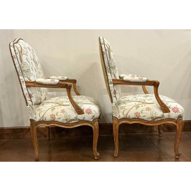 French Pair Vintage French Fauteuils Upholstered in Scalamandre Fabric With Nailhead Trim For Sale - Image 3 of 5