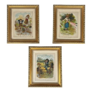 Set of 3 Antique Nursery Rhyme Book Plate Prints in Gilt Frames For Sale