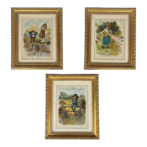 Set of 3 Antique Nursery Rhyme Book Plate Prints in Gilt Frames
