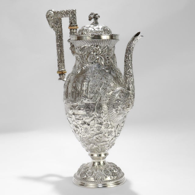 Late 20th Century Antique Schofield Repousse Baltimore Sterling Silver Castle Pattern Coffee Pot For Sale - Image 5 of 18