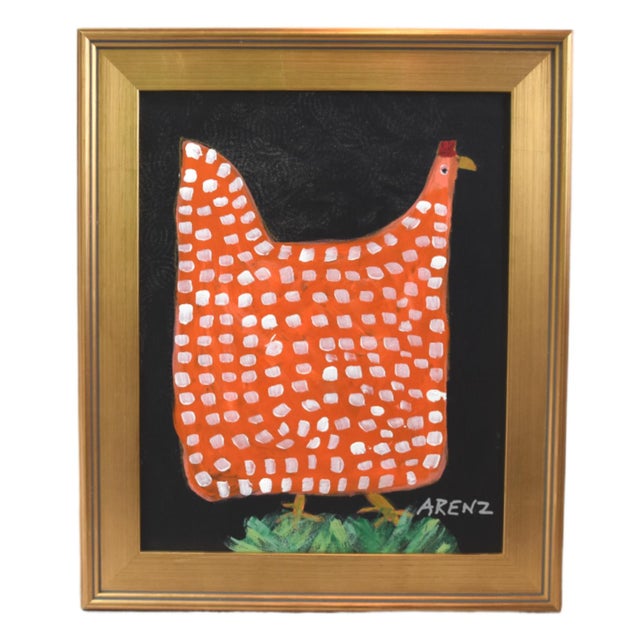 Original Orange Folk Art Chicken Hen Painting by Ruth Arenz Including the Antiqued Gold Wood Fame For Sale In Los Angeles - Image 6 of 6