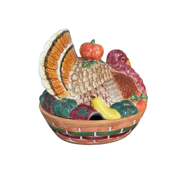 A wonderfully colorful vintage ceramic turkey tureen, perfect for bringing a festive, collected touch to a Thanksgiving...