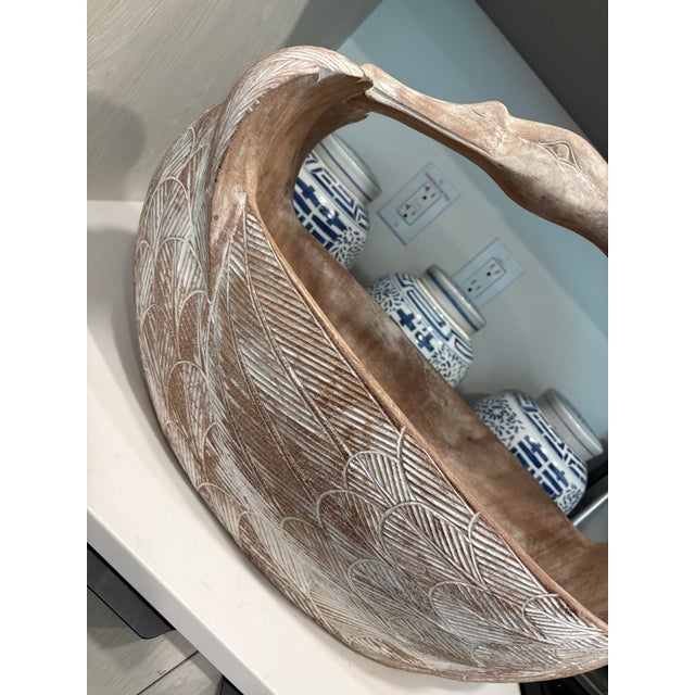 Vintage Hand Carved Wood Swan Basket Whitewashed Coastal Centerpiece For Sale In Miami - Image 6 of 8
