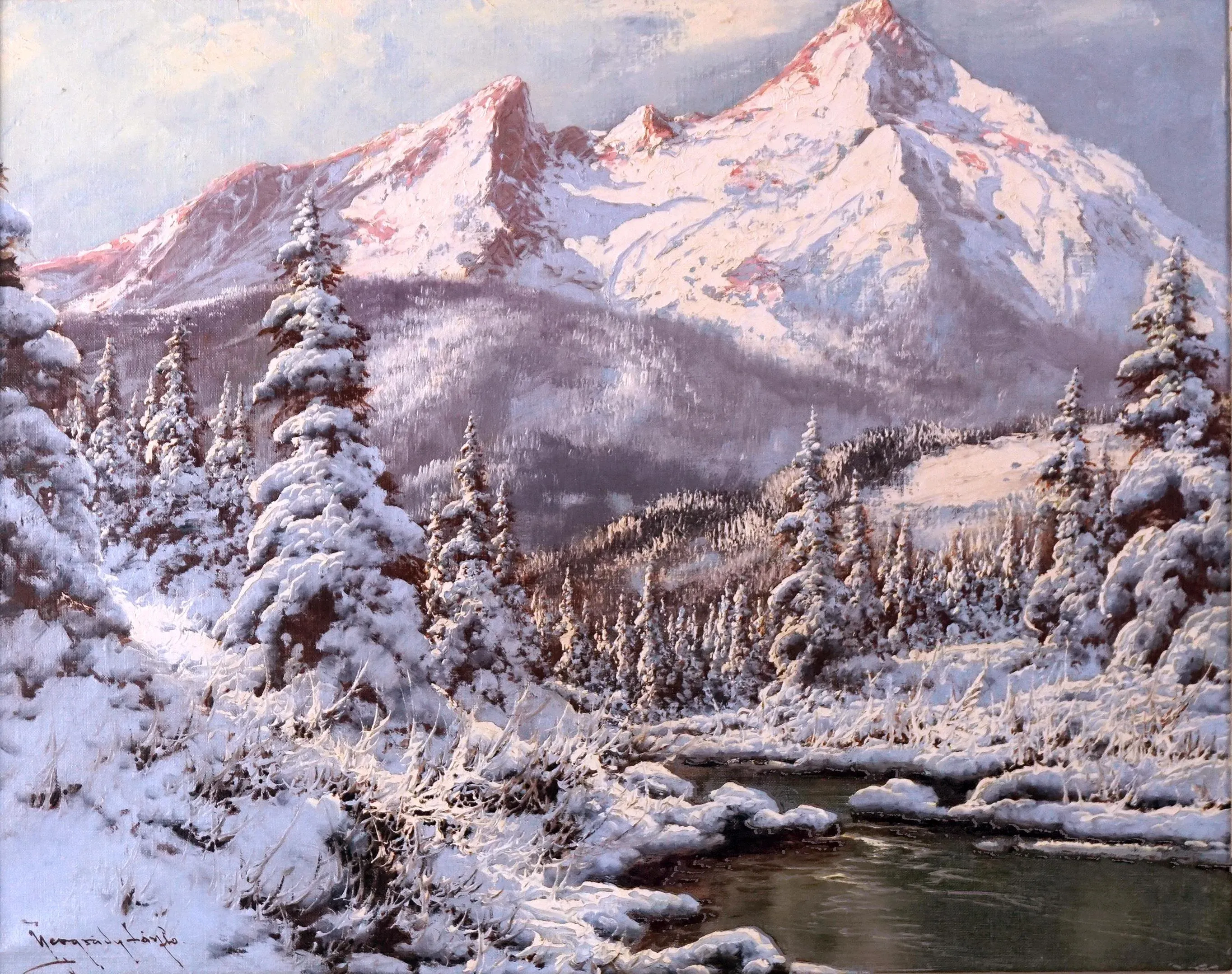 Winter's Snowy Tatra Mountains With Pines and Stream by Laszlo