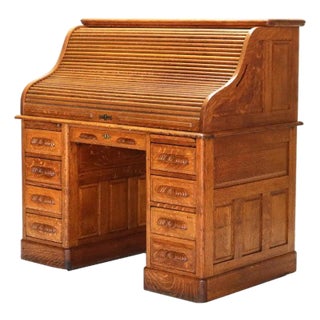 Antique Arts & Crafts Oak Raised Panel S Roll Top Desk C1900 For Sale