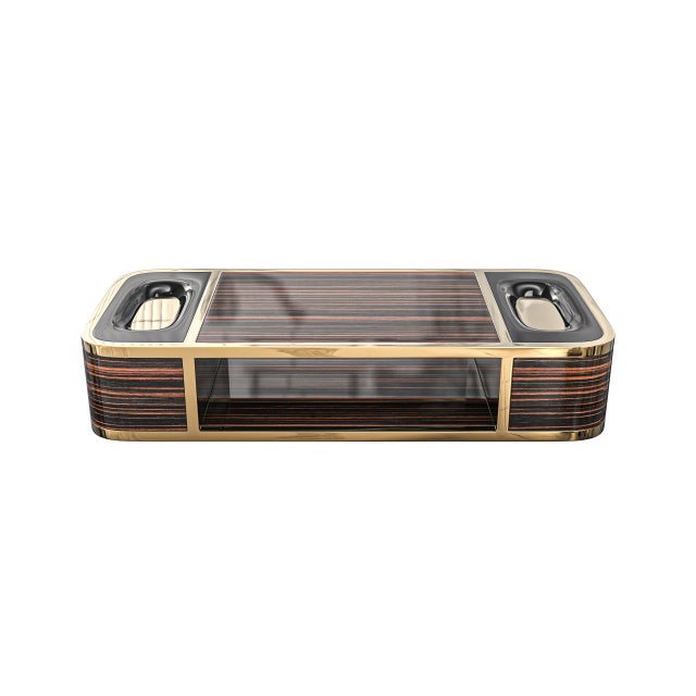 "Dolce Val" Coffee Table with Polished Ebony and Stainless Steel, Bronze Details Bizimyer Furniture. Unmatched....
