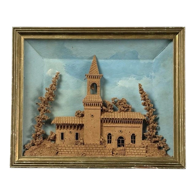 Antique Hand Carved Folk Art Cork Diorama With Abandoned Church With Trees For Sale