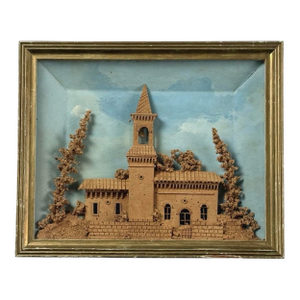 Antique Hand Carved Folk Art Cork Diorama With Abandoned Church With Trees