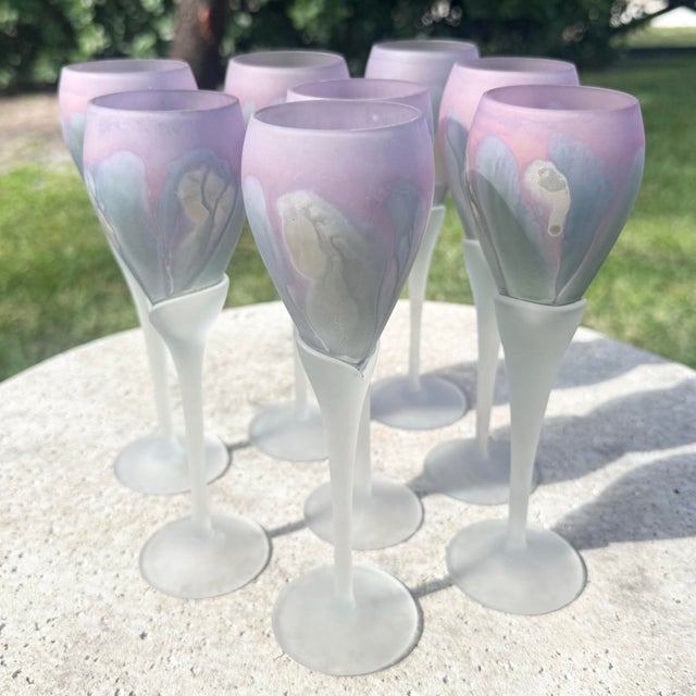 Glass Late 20th Century Art Nouveau Hand Painted Watercolor Frosted Wine Glasses by Reuven - Set of 8 For Sale - Image 7 of 10