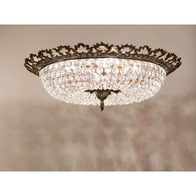Large Brass & Crystal Semi Flush Mount Basket Chandelier, Spain 1950s For Sale - Image 4 of 13
