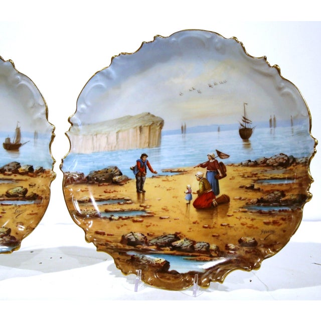 Coastal Pair of French Hand-Painted Porcelain Coastal Plates Signed Francis For Sale - Image 3 of 10