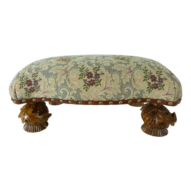 Vintage 1993 MacKenzie-Childs Aurora Carved Leaf Footstool Tapestry Ottoman Accent For Sale