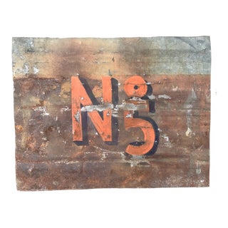 Vintage No 5 Handpainted Tin Sign For Sale
