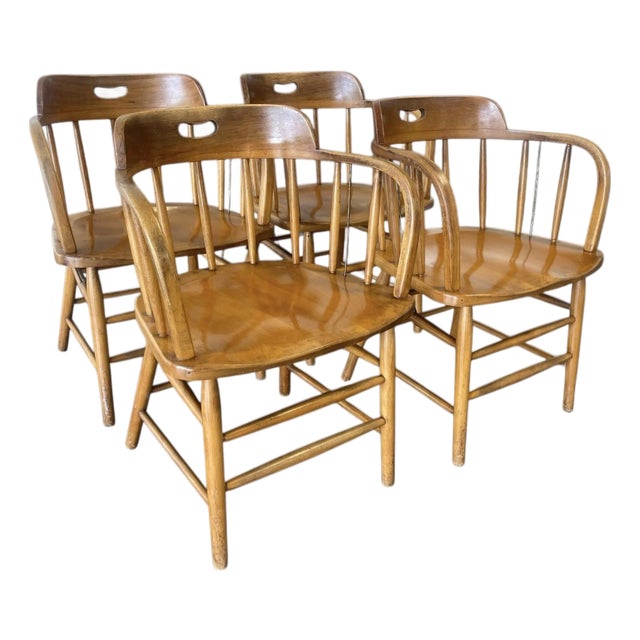 Mid Century Firehouse Style Bankers Chairs, a Set of Four, Dining Chairs, Vintage, Oak For Sale
