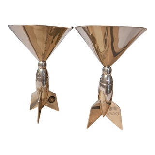 1960s MCM Godinger Signed Silver Rocket Ship 2 Martini Glass Set For Sale