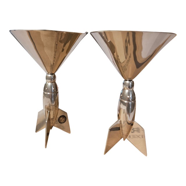 1960s MCM Godinger Signed Silver Rocket Ship 2 Martini Glass Set For Sale