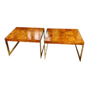 1970s Mid-Century Modern Brass & Burlwood Side Table Set of 2 - Patchwork Burlwood Top With Flat Edge Brass Base