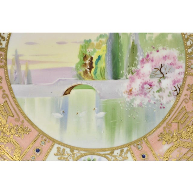 Antique Nippon Hand Painted Porcelain Gold Gilt Swan & Lake Scene Cabinet Plate For Sale - Image 4 of 15
