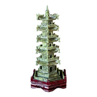 Vintage Chinese Jade Pagoda Sculpture – Hand-Carved Multi-Tier Celadon Green Temple Tower, Asian Feng Shui Decorative Stone Figurine on Red Wood Stand For Sale