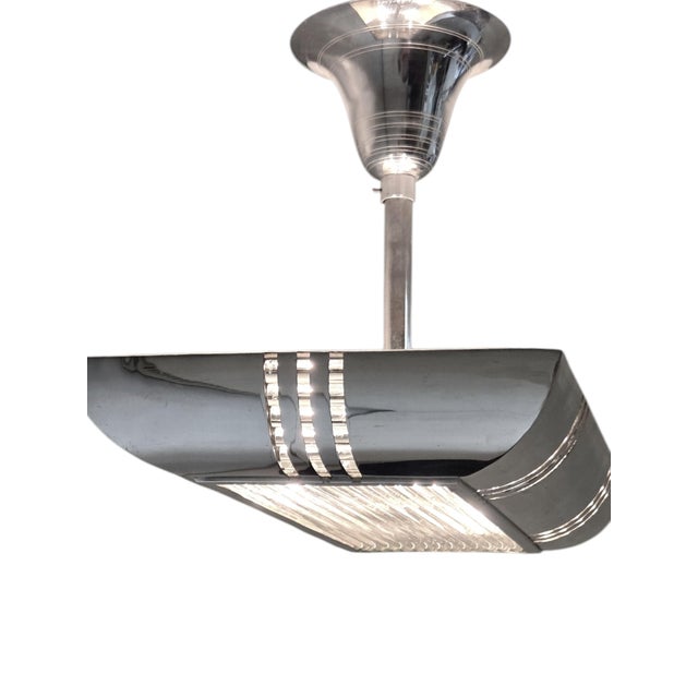Mid 20th Century French Modernist Art Deco Billiard Chandelier Highly Polished Nickel & GlassRods For Sale - Image 16 of 18